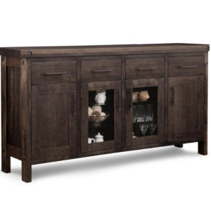 solid rustic wood rafters display sideboard with glass doors