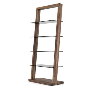 modern walnut wood on the miami custom bookcase with glass shelves