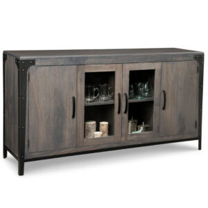 solid rustic wood portlad wide display sideboard with glass doors
