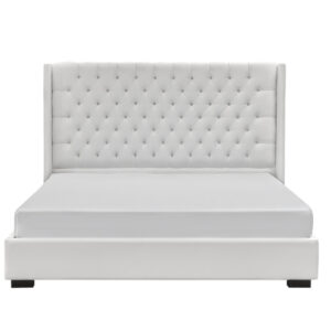 white fabric on panama upholstered bed with platform base