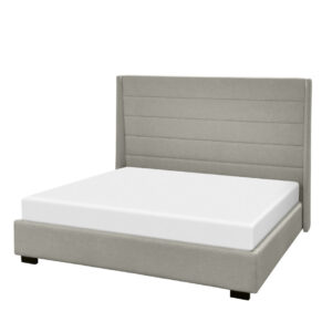 custom built horizons bed with fabric headboard and platform base