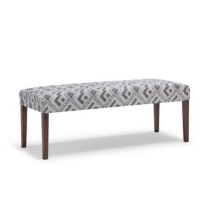 javora bench with upholstered seat and wood legs in custom fabric
