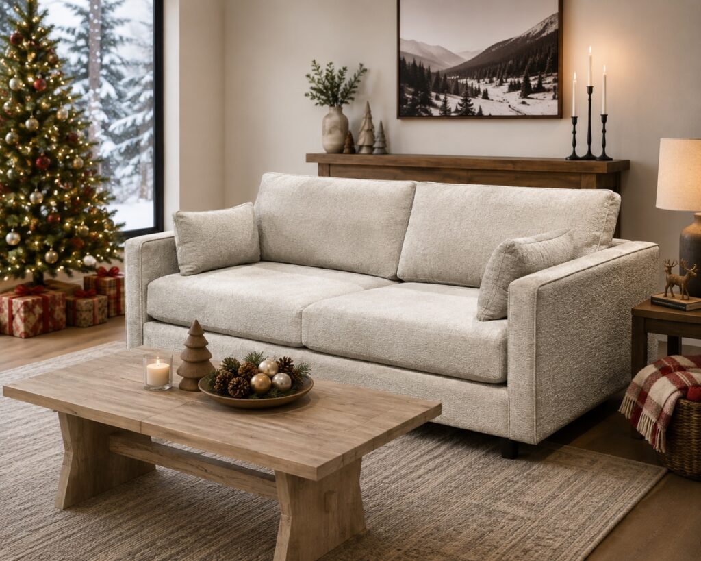 Canadian-made fabric sofa in a Christmas living room