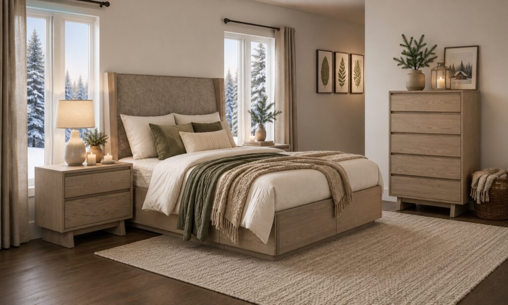 Light oak storage bed in a Christmas bedroom
