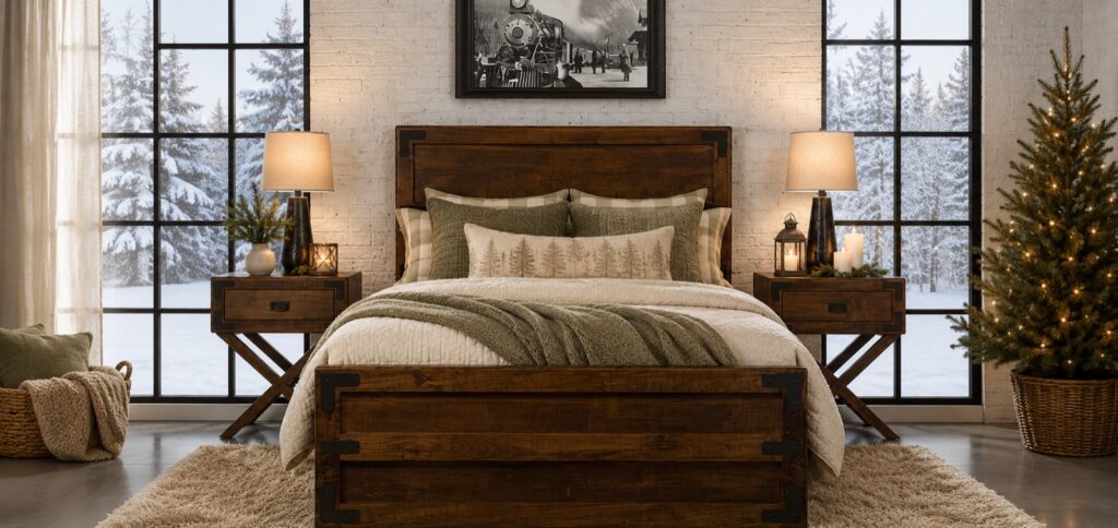 Rustic solid wood bed in a Christmas bedroom