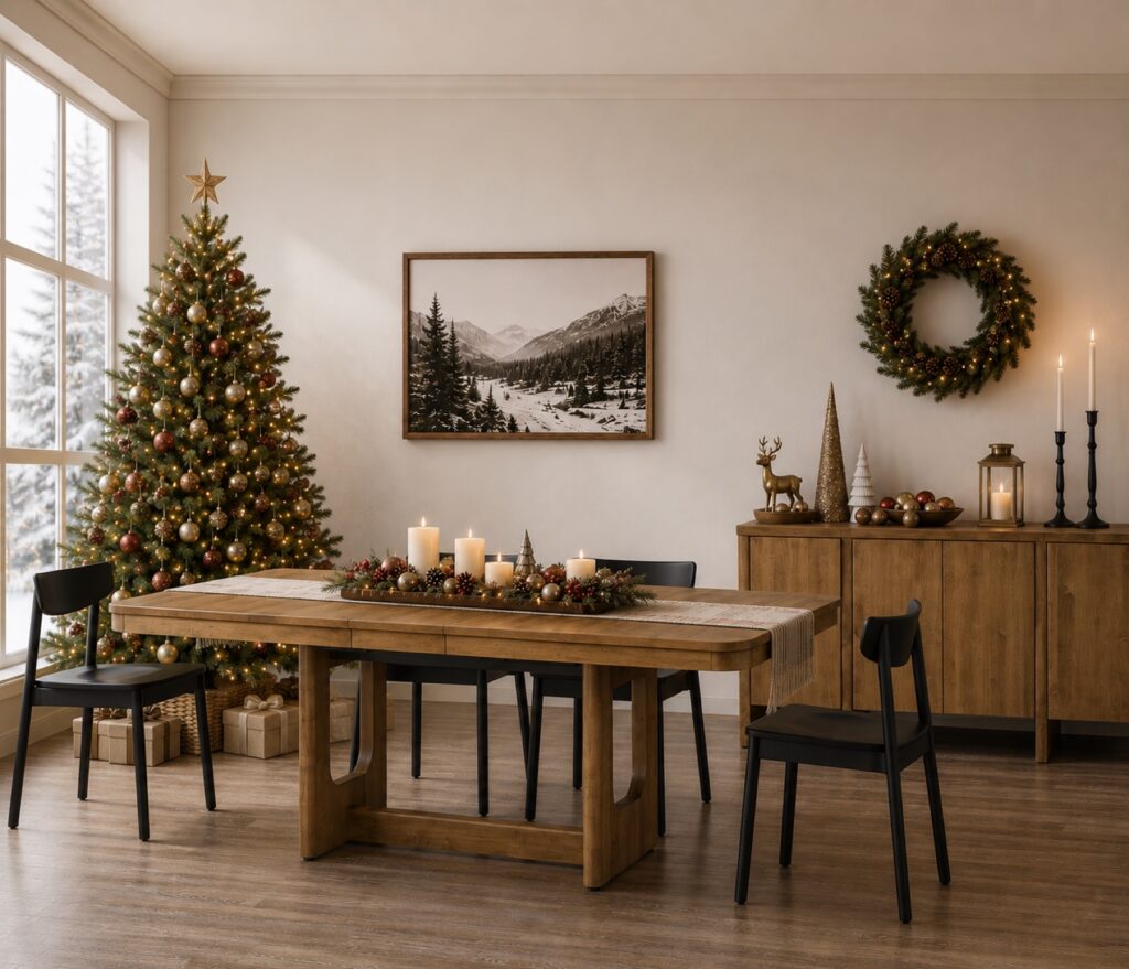Solid wood dining table and chairs in a Christmas dining room
